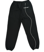 Black sweatpants with a white logo on a white background